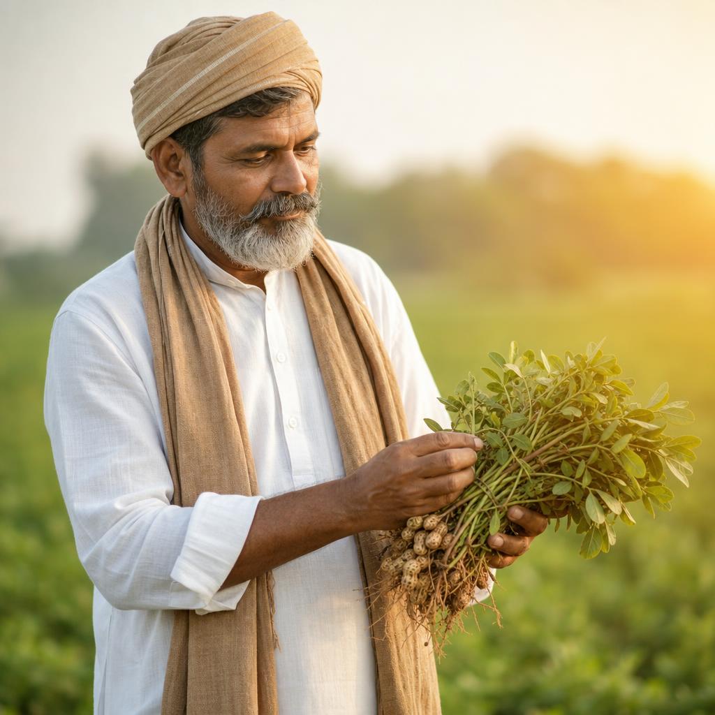 Indian farmer inspecting produce